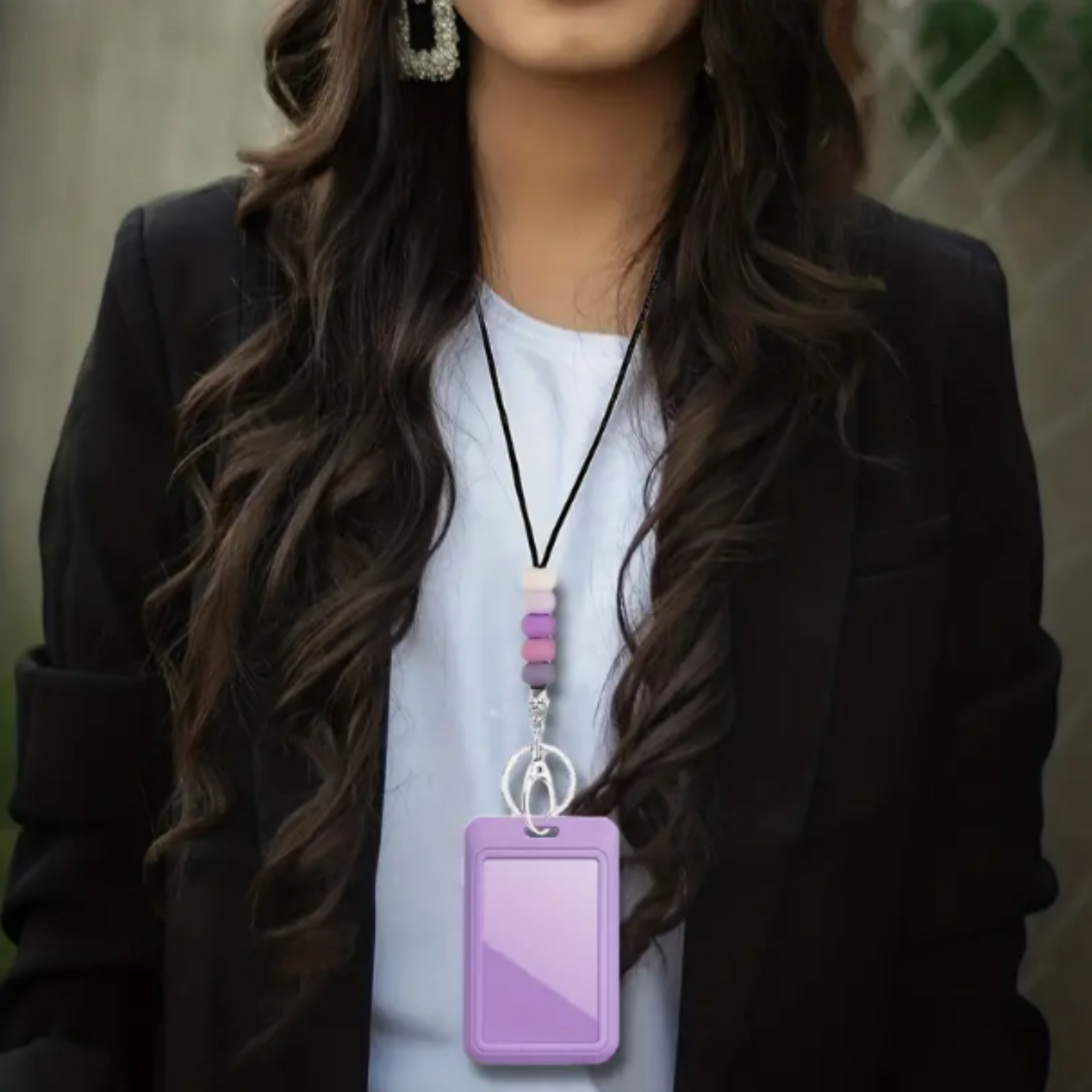 Purple beaded silicone ID badge and keys lanyard