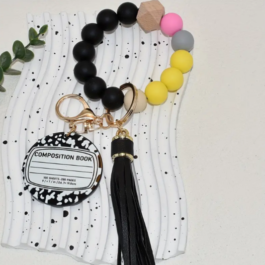 Silicone Beaded Keyring, Acrylic Pencil & Black Notebook, PU Leather Tassel Charm, bracelet