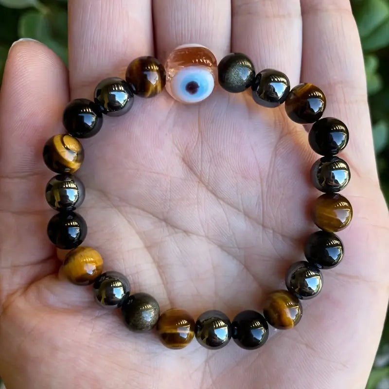 Triple Protection Bracelet With Evil Eye, Tiger's Eye, Hematite