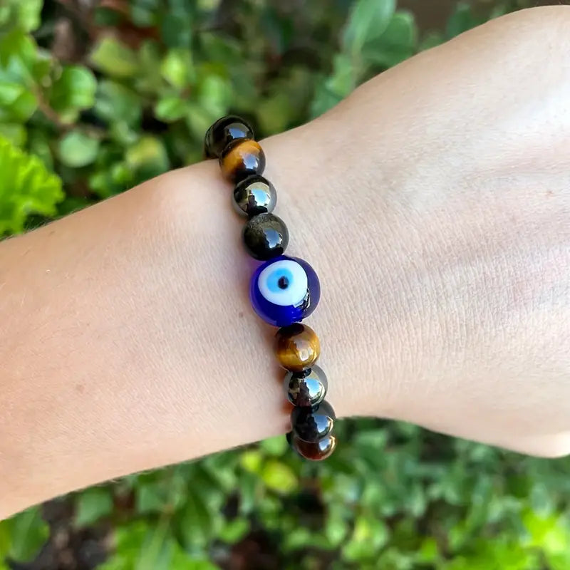 Triple Protection Bracelet With Evil Eye, Tiger's Eye, Hematite
