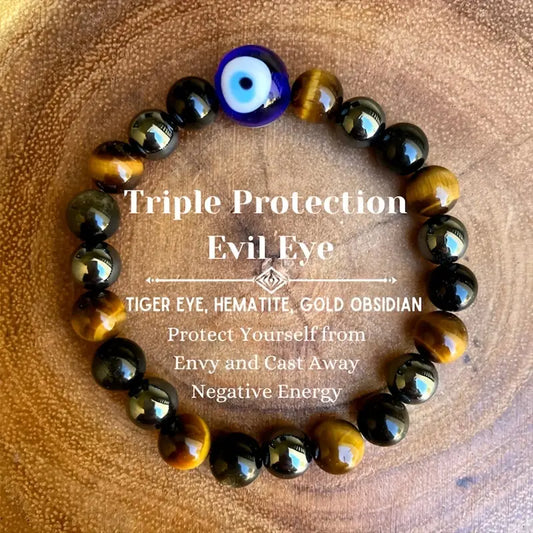 Triple Protection Bracelet With Evil Eye, Tiger's Eye, Hematite