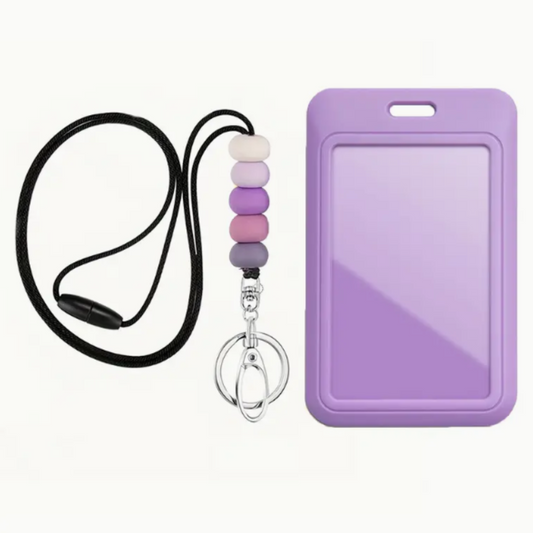 Purple beaded silicone ID badge and keys lanyard