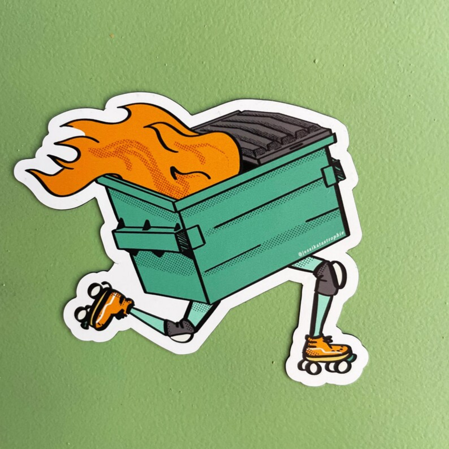 Dumpster fire on wheels magnet